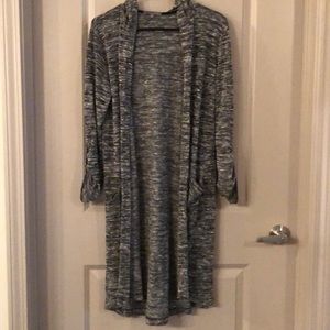 Long Gray Roll Tab Sleeve Sweater with Hood